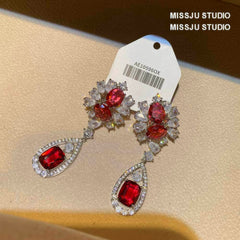 Baroque Ruby Crystals Paved Dangle Earrings Red