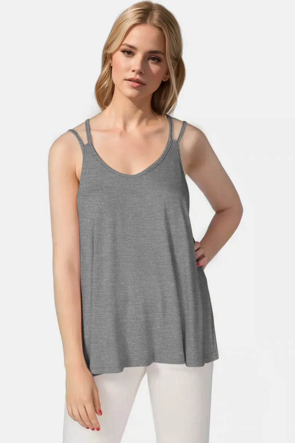 Basic Bae Bamboo Scoop Neck Double Spaghetti Straps Cami Dark Gray / S