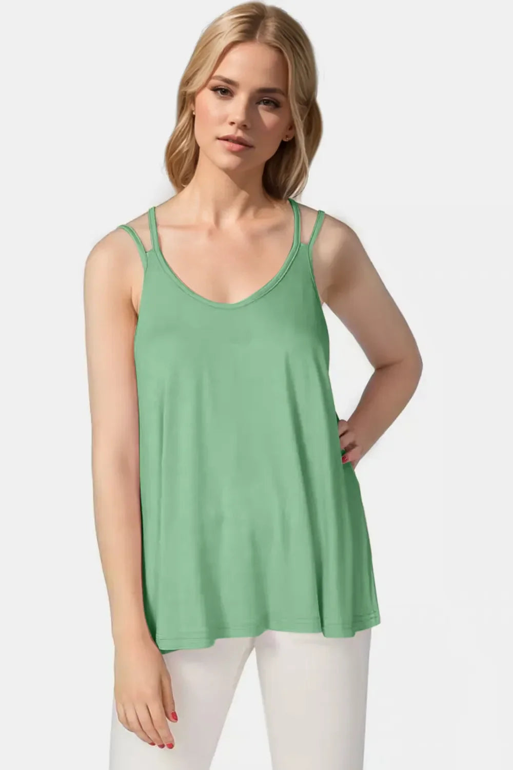 Basic Bae Bamboo Scoop Neck Double Spaghetti Straps Cami Green / S