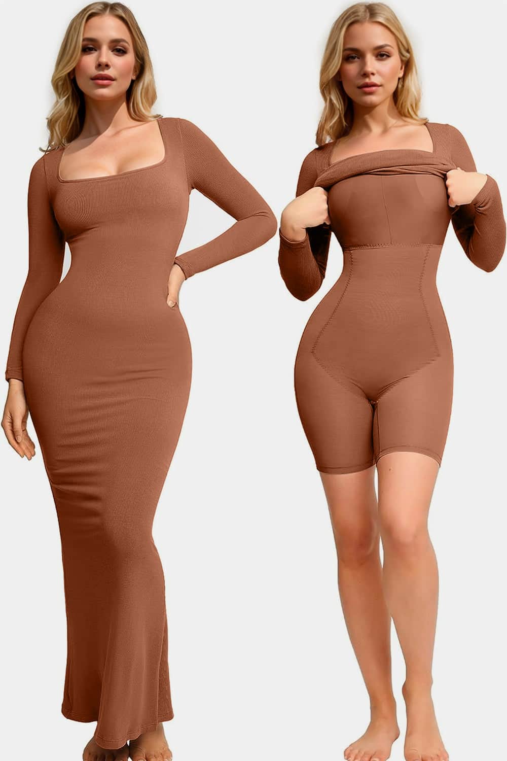 Basic Bae Built-In Shapewear Square Neck Long Sleeve Maxi Dress Caramel / S