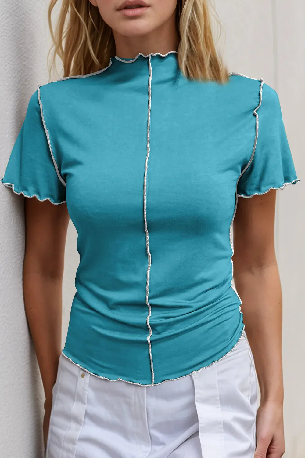 Basic Bae Contrast Trim Mock Neck Short Sleeve T-Shirt Pastel Blue / S