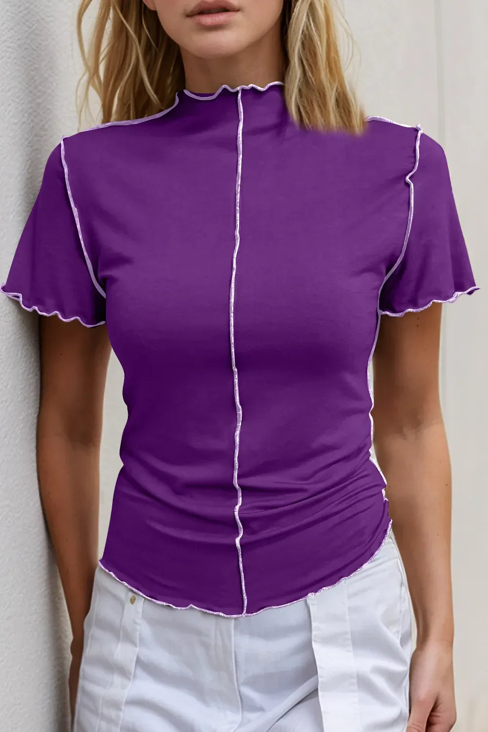 Basic Bae Contrast Trim Mock Neck Short Sleeve T-Shirt Purple / S