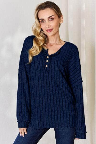 Basic Bae Full Size Ribbed Half Button Long Sleeve T-Shirt Peacock Blue / S