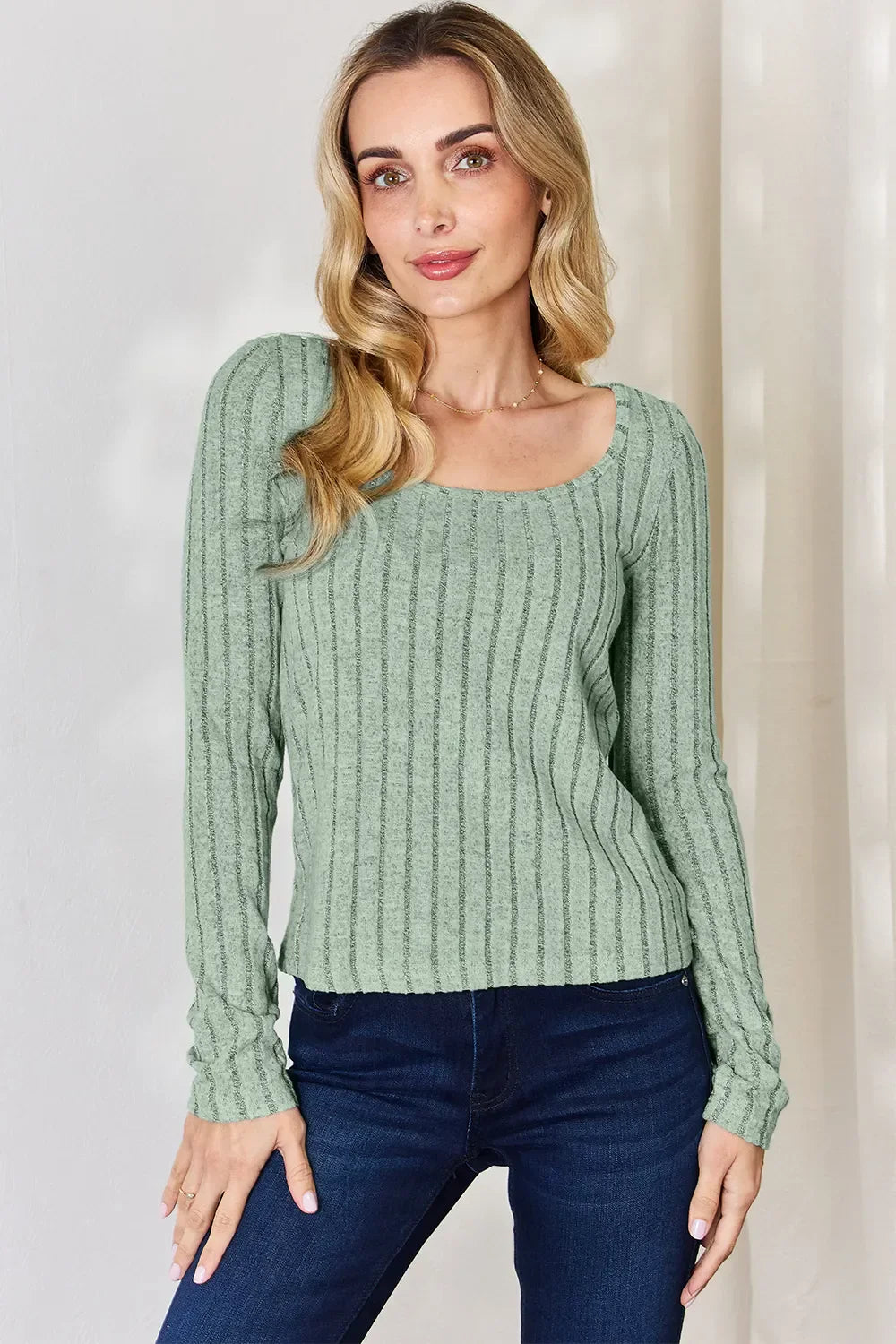 Basic Bae Full Size Ribbed Long Sleeve T-Shirt Light Green / S
