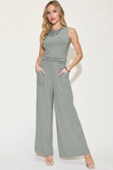 Basic Bae Full Size Ribbed Tank and Wide Leg Pants Set Gray / S