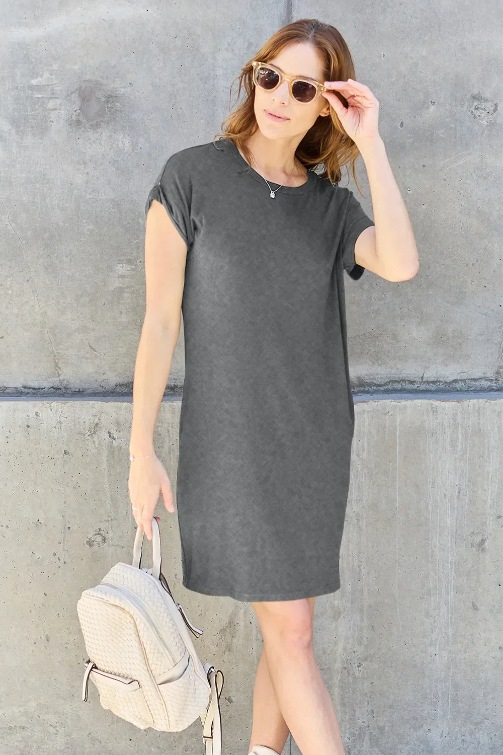 Basic Bae Full Size Round Neck Short Sleeve Dress with Pockets Gray / S