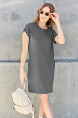 Basic Bae Full Size Round Neck Short Sleeve Dress with Pockets Gray / S
