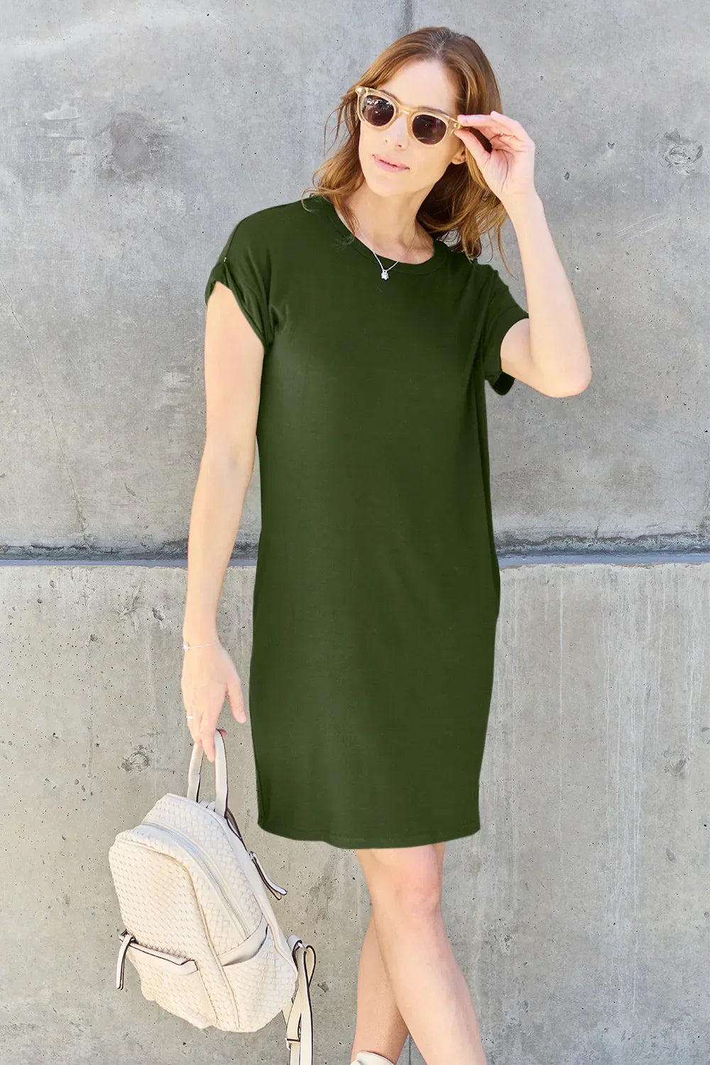 Basic Bae Full Size Round Neck Short Sleeve Dress with Pockets Matcha Green / S