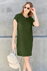 Basic Bae Full Size Round Neck Short Sleeve Dress with Pockets Matcha Green / S