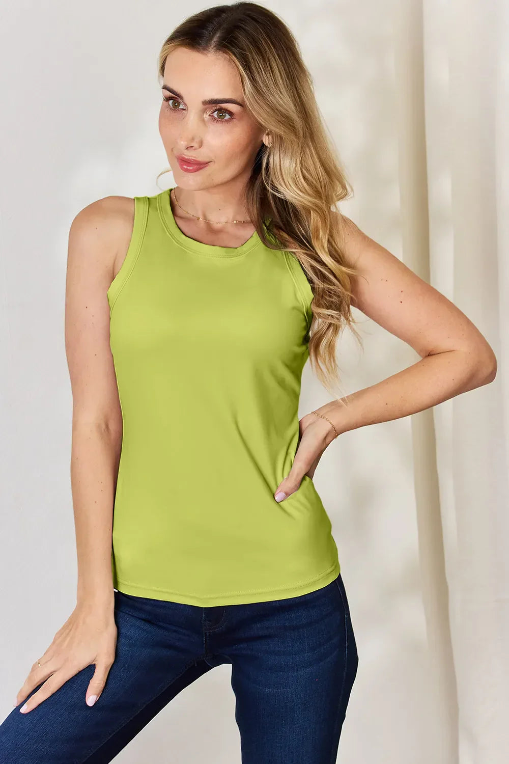 Basic Bae Full Size Round Neck Slim Tank Yellow-Green / S