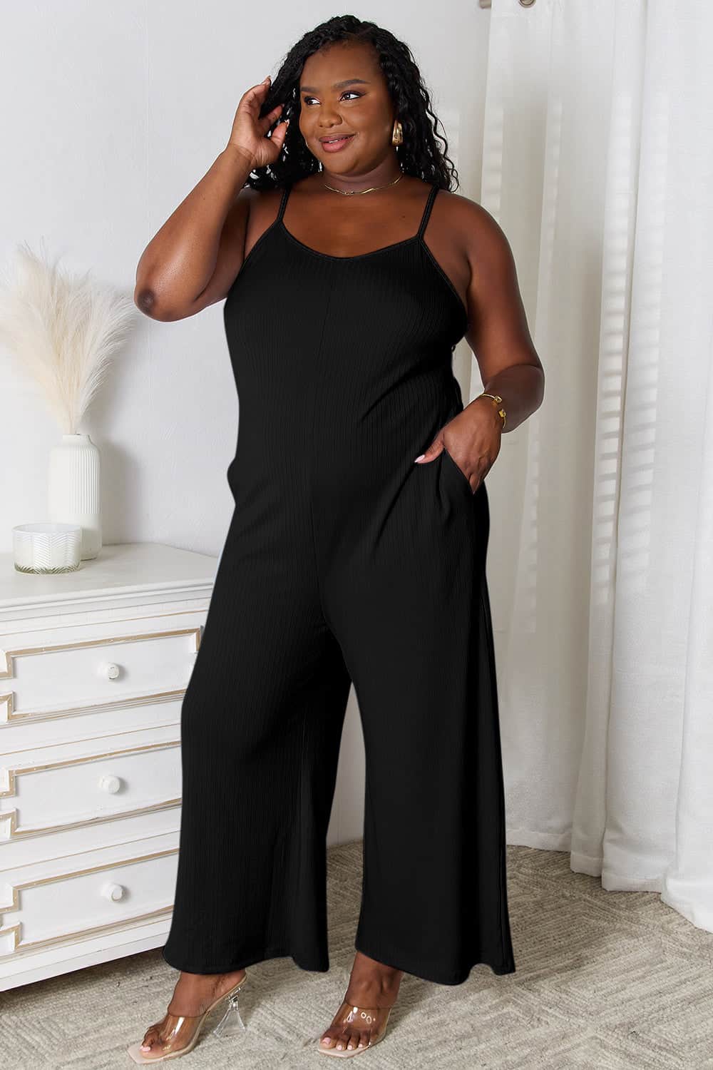 Basic Bae Full Size Spaghetti Strap V-Neck Jumpsuit Black / S