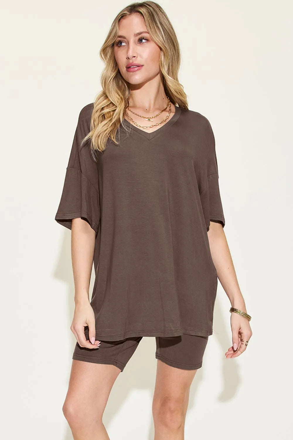 Basic Bae Full Size V-Neck Drop Shoulder T-Shirt and Shorts Set Chocolate / S