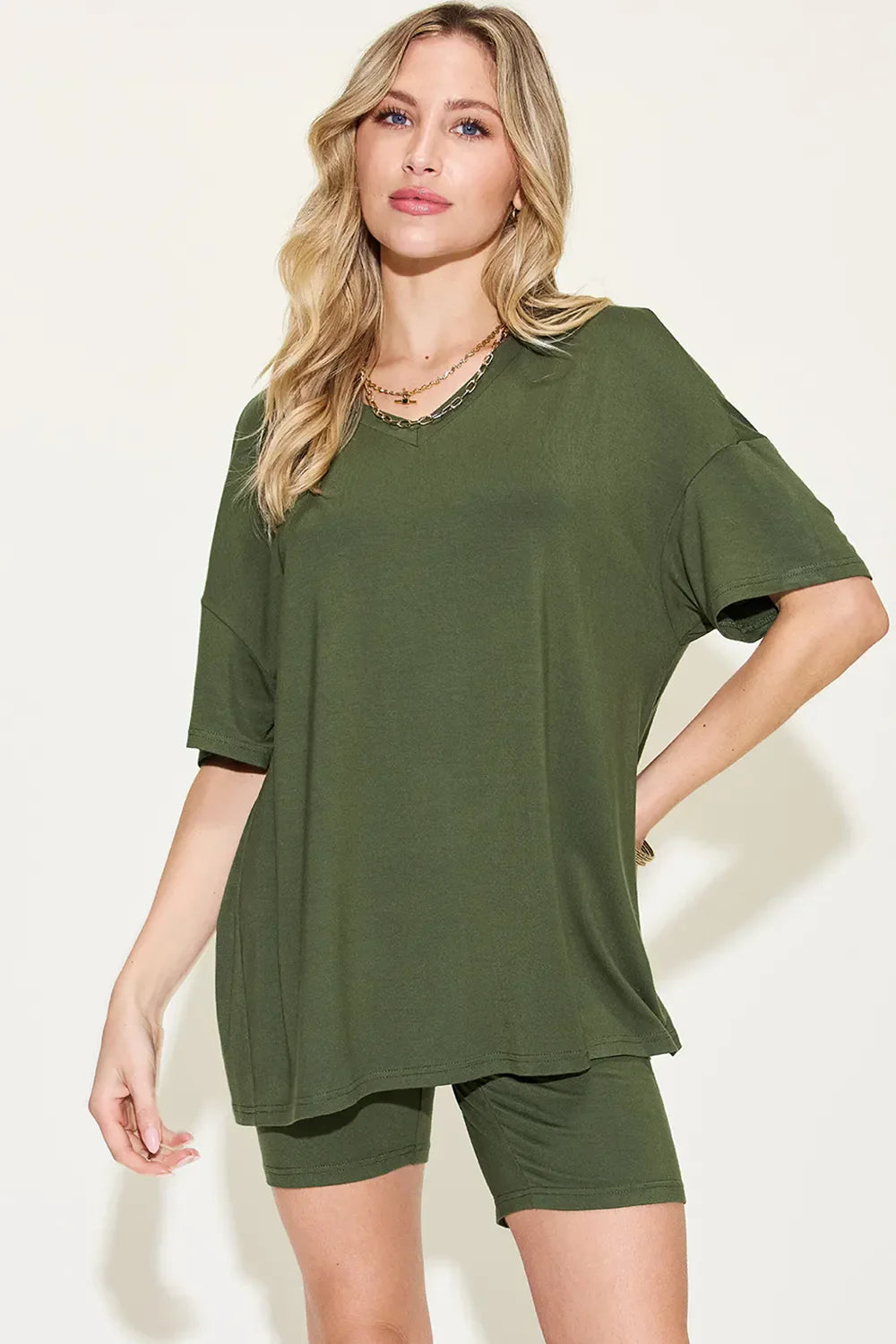 Basic Bae Full Size V-Neck Drop Shoulder T-Shirt and Shorts Set Matcha Green / S