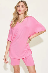 Basic Bae Full Size V-Neck Drop Shoulder T-Shirt and Shorts Set Pink / S