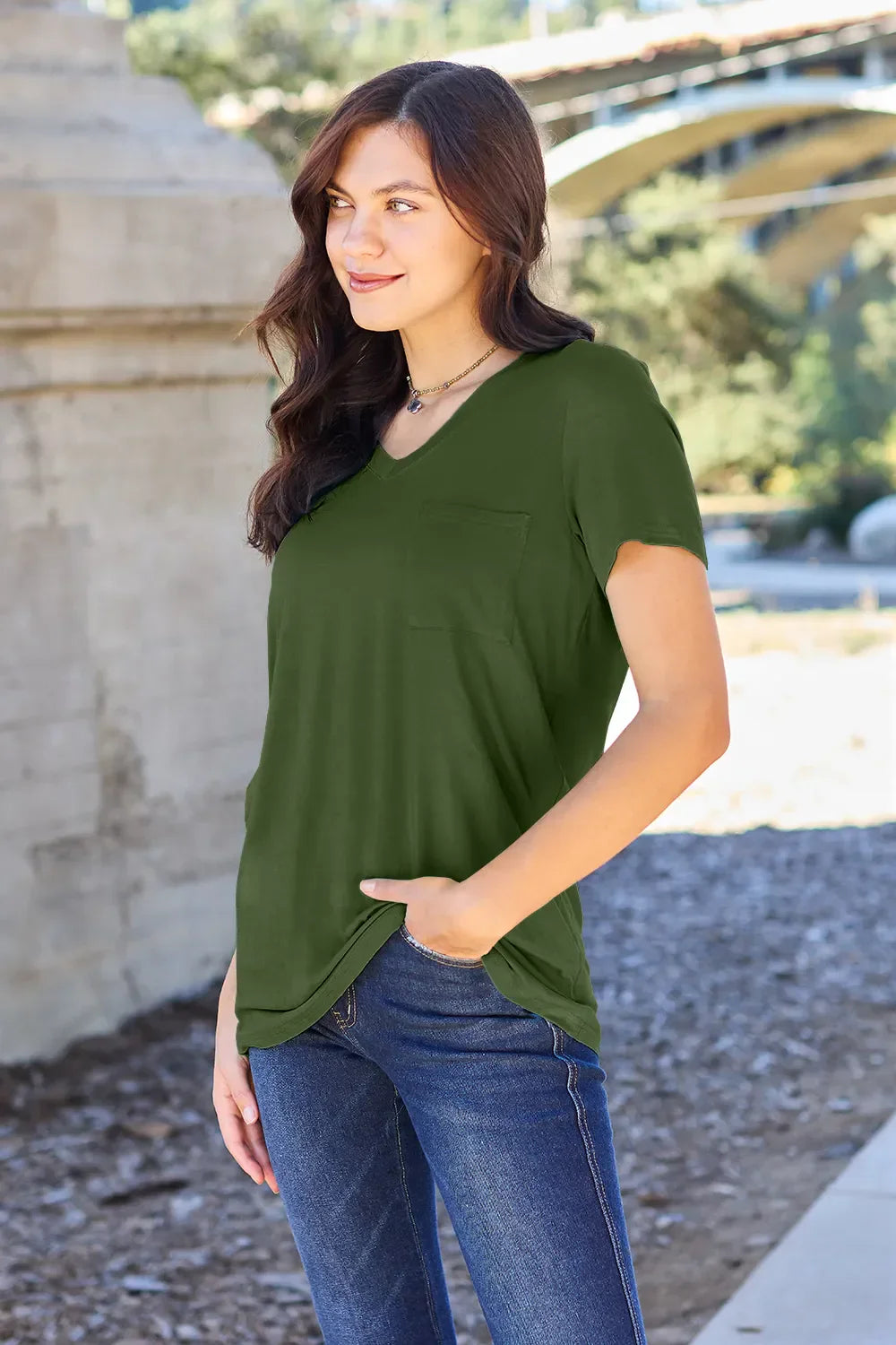 Basic Bae Full Size V-Neck Short Sleeve T-Shirt Matcha Green / S