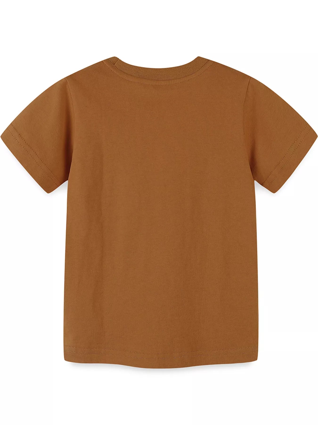 Back view of a children's plain brown short sleeve t-shirt with a ribbed round neckline