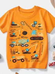 Tangerine children's crew neck short sleeve T-shirt with labeled construction vehicle graphics, laid flat in front view