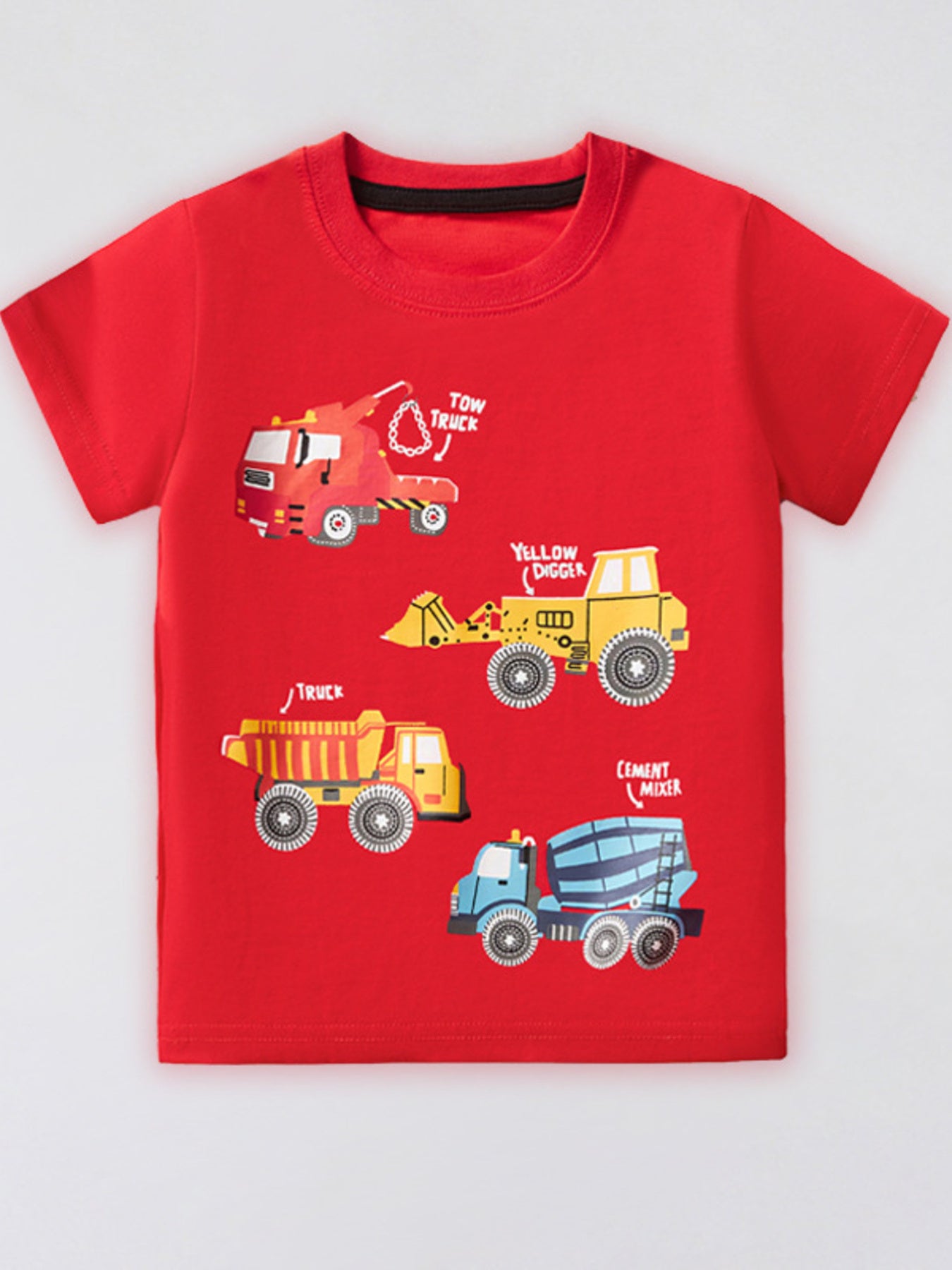 Flat front view of a red children's tee with a tow truck, digger and cement mixer