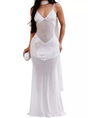 White sequin V neck maxi dress with sheer mesh bodice, front cutout view