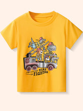 Flat front view of a gold children's tee with cartoon animals driving a fire truck