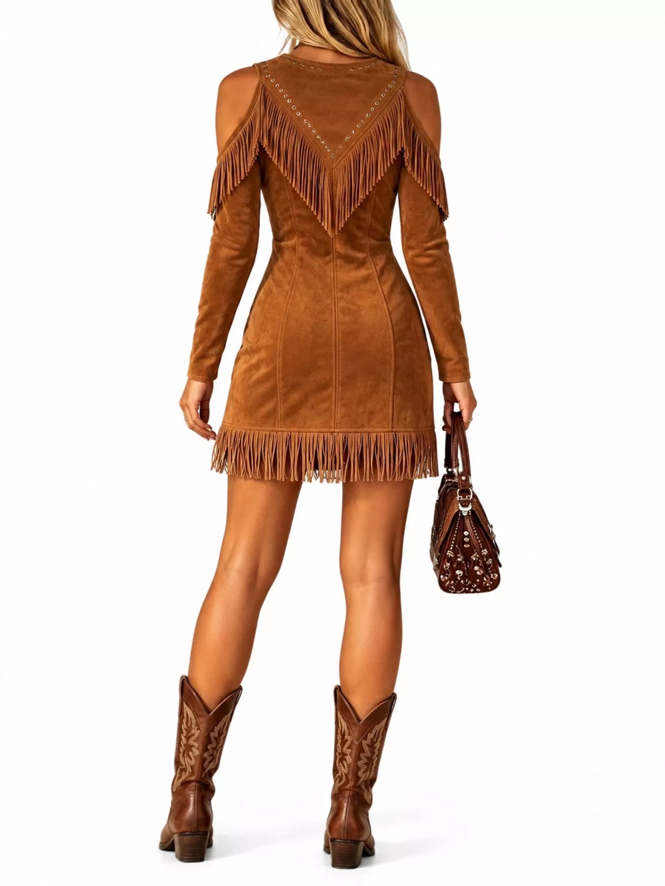 Back view of caramel fringed cold shoulder mini dress with long sleeves