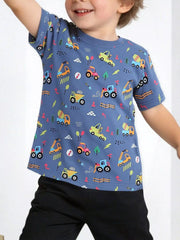 Children's dusty blue cotton T-shirt with a construction vehicle print and short sleeves.