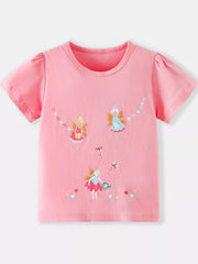 Blush pink children's round neck T-shirt with three fairies, butterflies and small flowers, front view