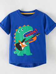 Flat front view of royal blue children's t-shirt with green dinosaur guitar graphic