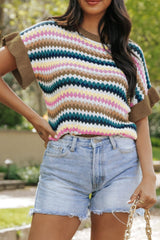 Suéter de manga corta con cuello redondo en contraste