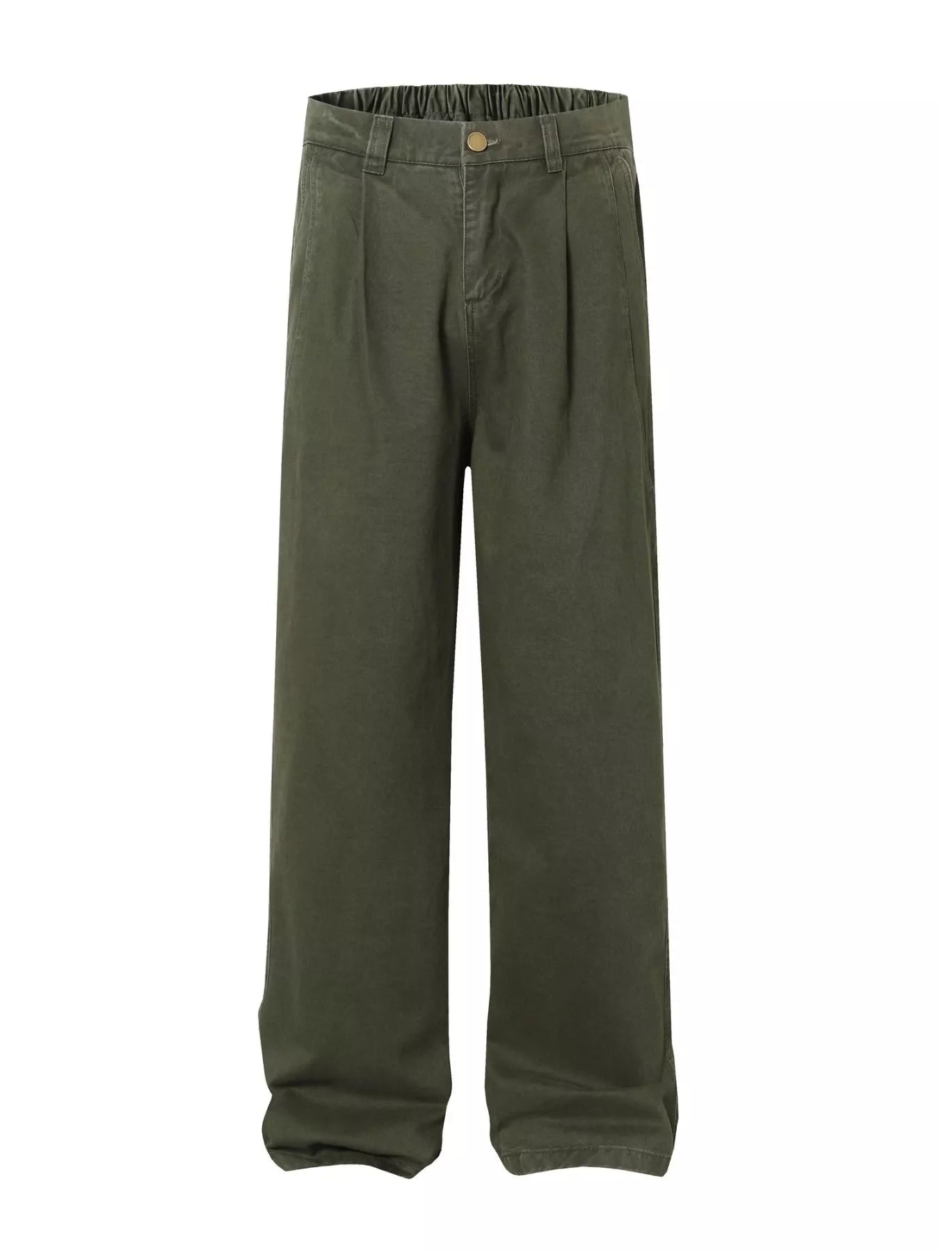Men's army green pleated wide-leg pants with an elastic waistband.