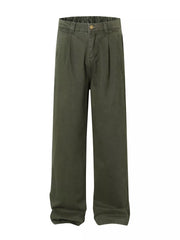 Men's army green pleated wide-leg pants with an elastic waistband.