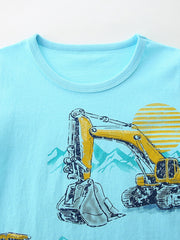 Close view of the round neckline and upper yellow excavator print on the pastel blue T-shirt