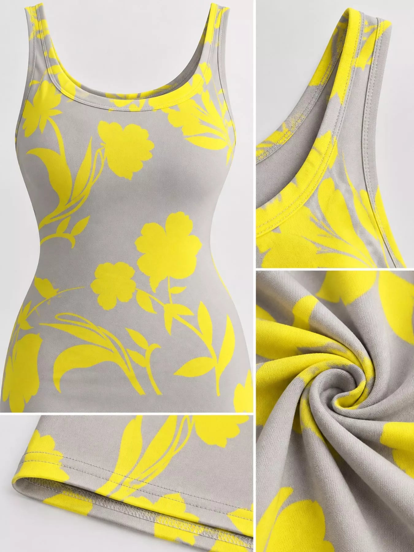 Grey and yellow floral sleeveless bodycon maxi dress with neckline fabric and hem close ups