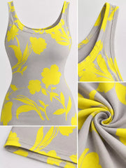 Grey and yellow floral sleeveless bodycon maxi dress with neckline fabric and hem close ups