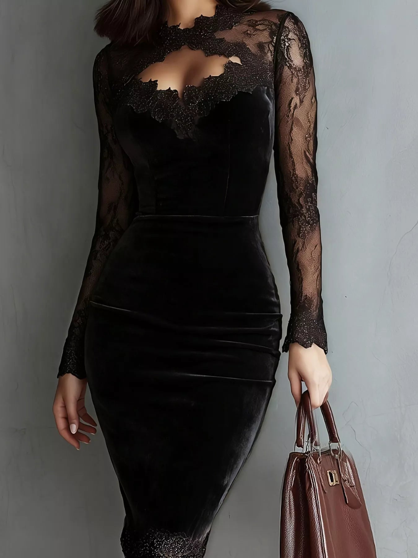 Front view of a black long sleeve velvet lace bodycon dress with a lace hem