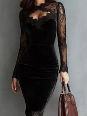 Front view of a black long sleeve velvet lace bodycon dress with a lace hem