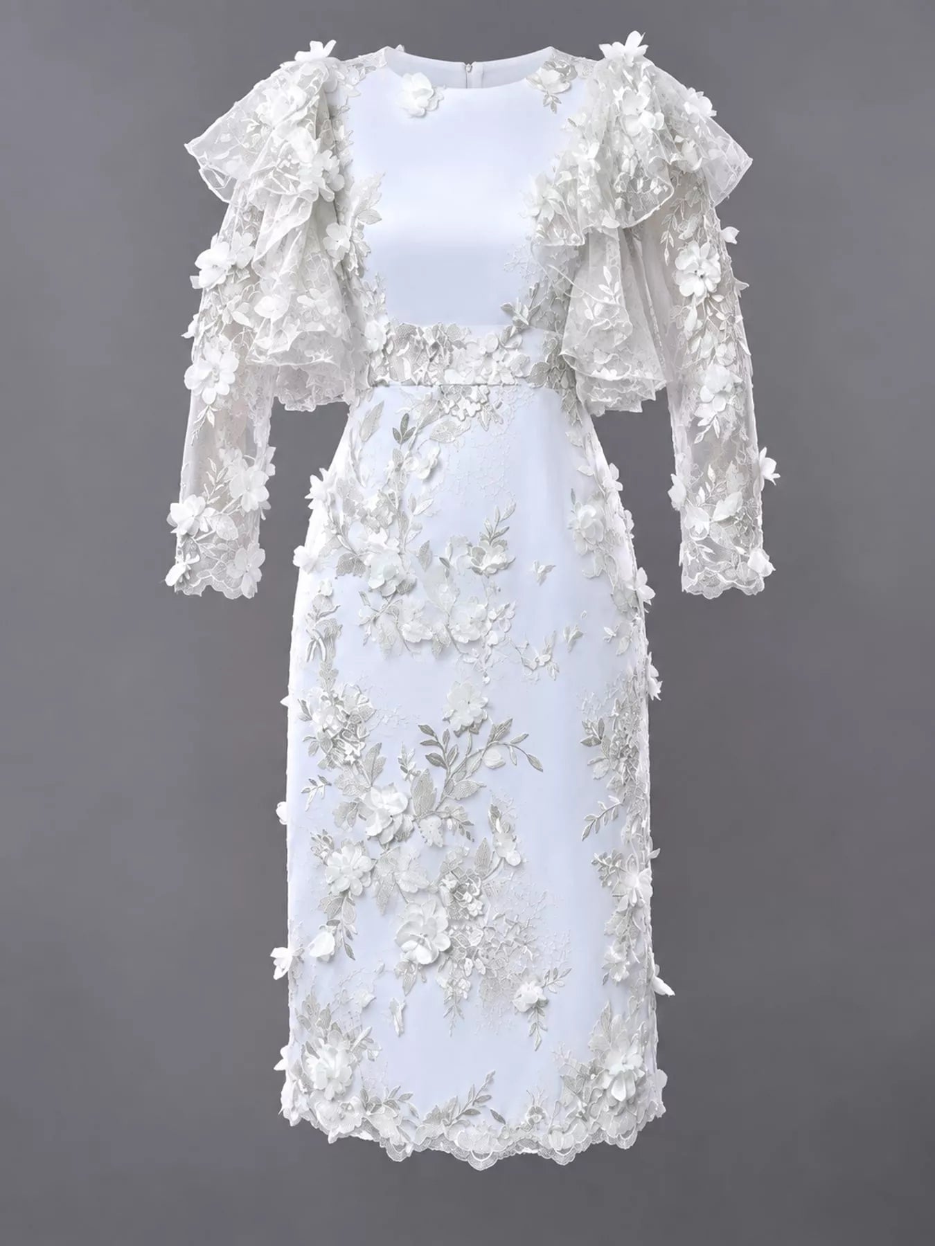 White plus size floral embroidered sheer ruffle sleeve midi dress shown flat front