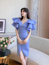 Bead-Embellished Butterfly Sleeve Split Thigh Dress M / Blue