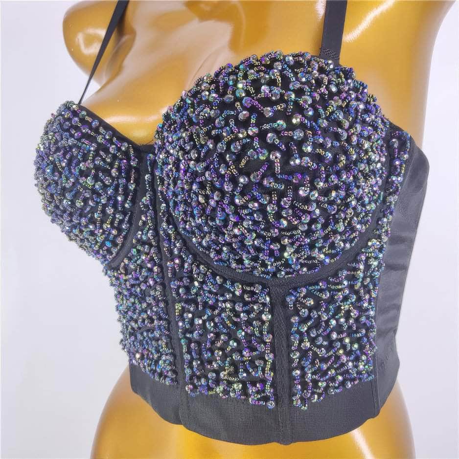 Beaded Rhinestone Push-Up Bustier Bralette Top