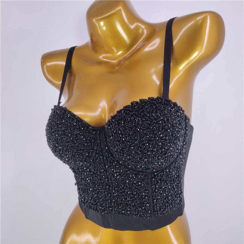Beaded Rhinestone Push-Up Bustier Bralette Top S / Black