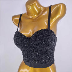 Beaded Rhinestone Push-Up Bustier Bralette Top S / Black