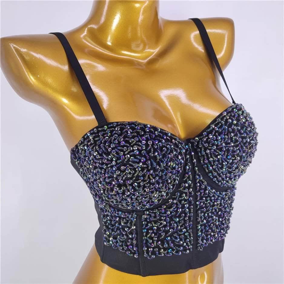 Beaded Rhinestone Push-Up Bustier Bralette Top S / Blue