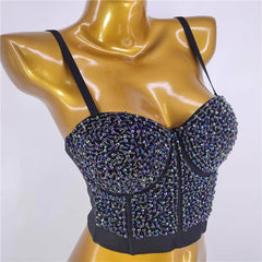 Beaded Rhinestone Push-Up Bustier Bralette Top S / Blue