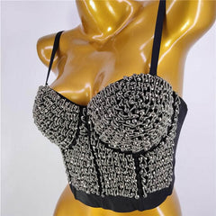 Beaded Rhinestone Push-Up Bustier Bralette Top S / Silver