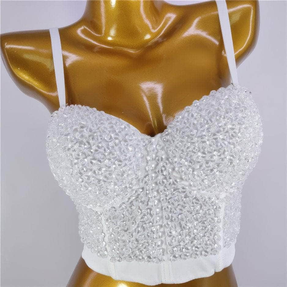 Beaded Rhinestone Push-Up Bustier Bralette Top S / White