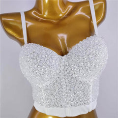 Beaded Rhinestone Push-Up Bustier Bralette Top S / White