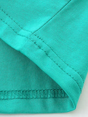 Close-up of turquoise t-shirt sleeve and hem stitching showing neat double seams
