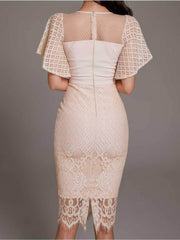 Bell Sleeves Lace Trimmed Midi Dress