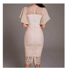 Bell Sleeves Lace Trimmed Midi Dress