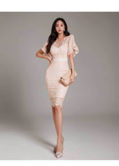 Bell Sleeves Lace Trimmed Midi Dress